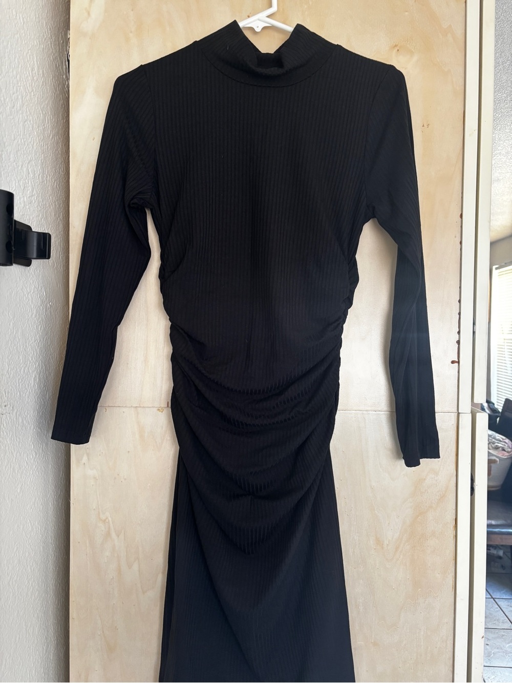 Black Ribbed Long-Sleeve Midi Dress with Mock Neck